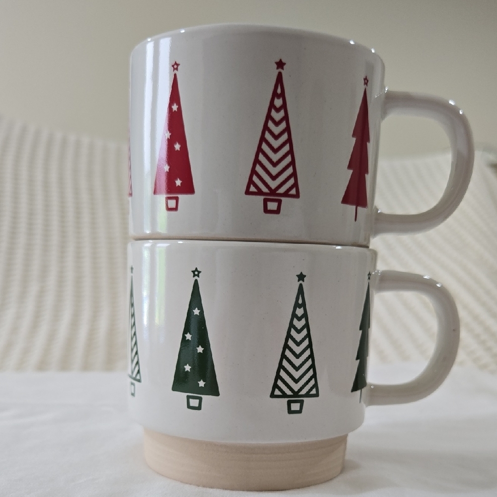 ThirstyStone Set Of 2 Stackable Christmas Tree Mugs. NIB